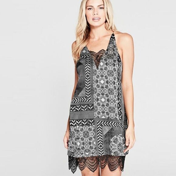 Marciano Inked Up Slip Strappy V-Neck Lace Trim Mini Dress Black and White Sz S - Picture 1 of 12